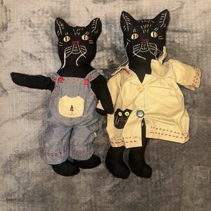 Pair of Y2K Folk Art Black Cat Cloth Dolls | Primitive Farmhouse Handmade Style
